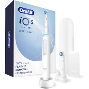 OralB Rechargeable Electric Toothbrush, iO3 Limited Deep Clean, 3 Cleaning Modes, Visual Pressure Sensor to Protect Gums, 2 Brush Heads, Travel Case, White