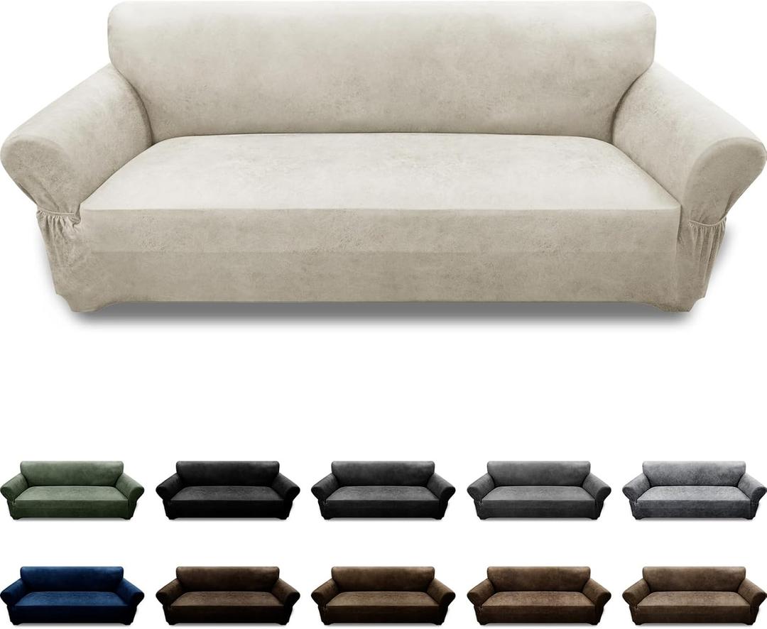 Couch Cover Leather Look 3 Seater Couch Sofa Cover 1-Piece Sofa Slipcover Stretch Furniture Protector with Elastic Bottom & Pockets(Sofa, Beige)