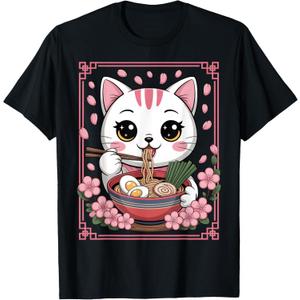 Kawaii Cat Eating Ramen Noodles Japanese Anime Girls Teens T-Shirt, Size S