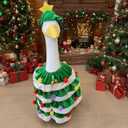 Christmas Porch Goose Outfit Holiday Costume with Green Tree Skirt and Santa Hat for 23" High Concrete Goose Clothes Outdoor Garden Statue Decor Accessories (Xmas06)
