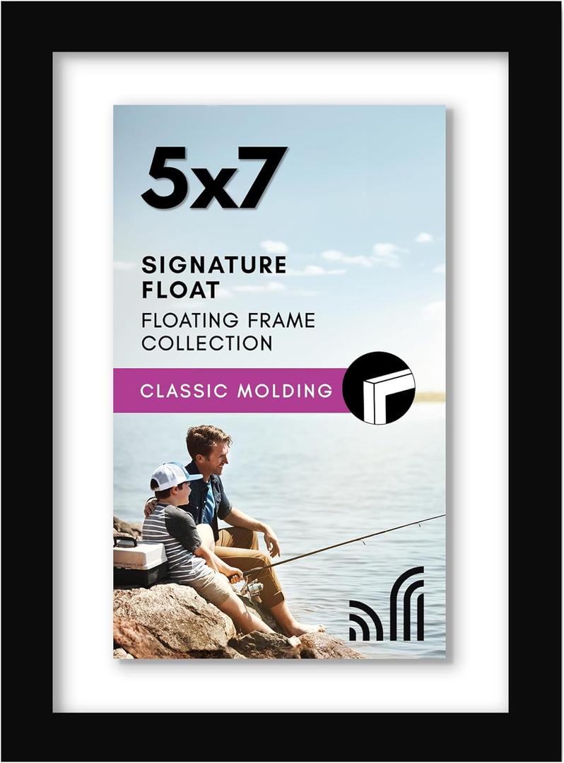 Americanflat 5x7 Floating Picture Frame with Polished Crystal-Clear Glass - Use as 5x7 Picture Frame or Display 3x5 Photo - Signature Float Collection - Photo Frames for Wall Display - Black