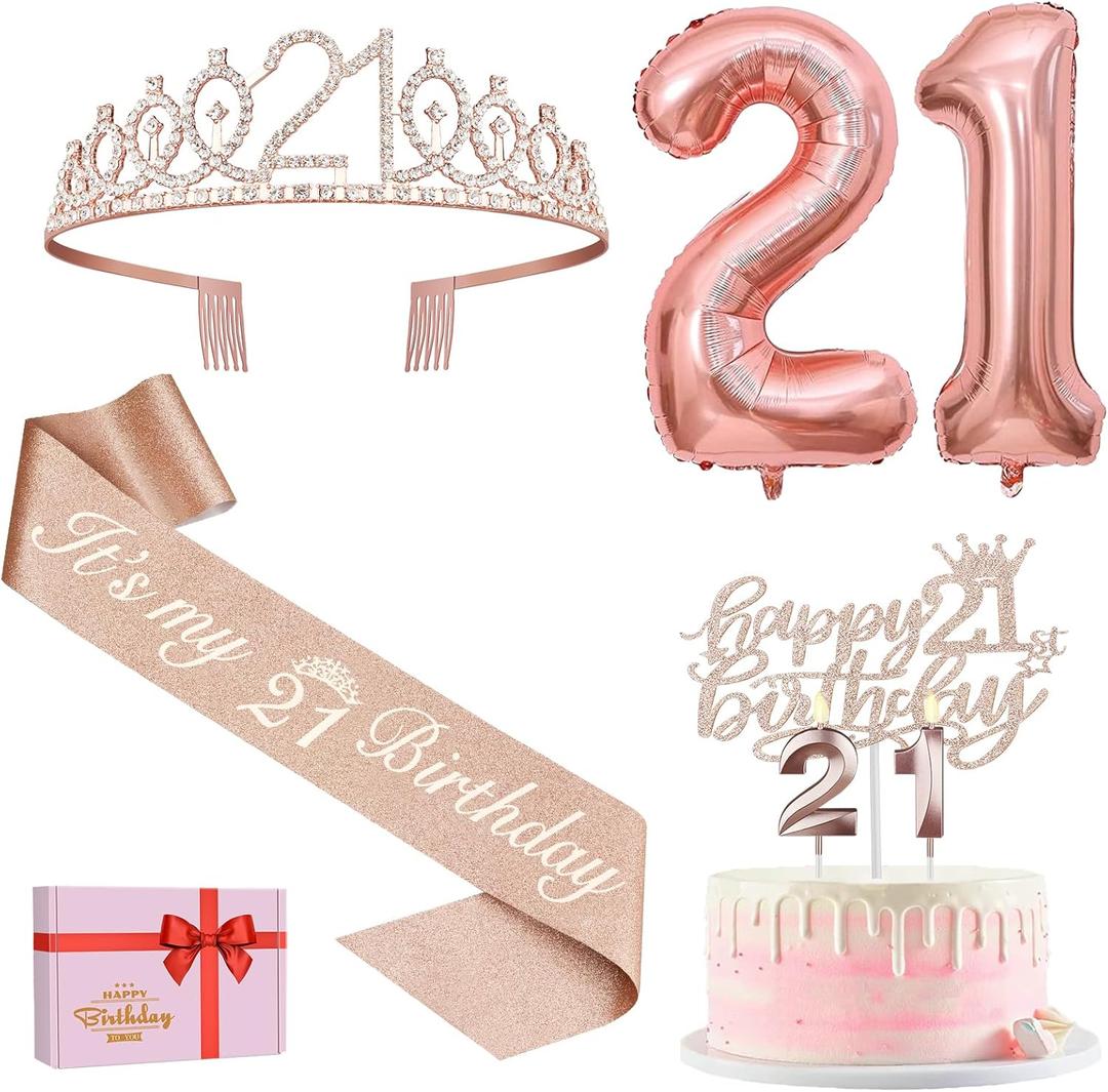 21st Birthday Decorations for Her, Include 21st Birthday Sash and Tiara, Cake Topper and Candles, Number Balloons, 21 Year Old Gifts for Her