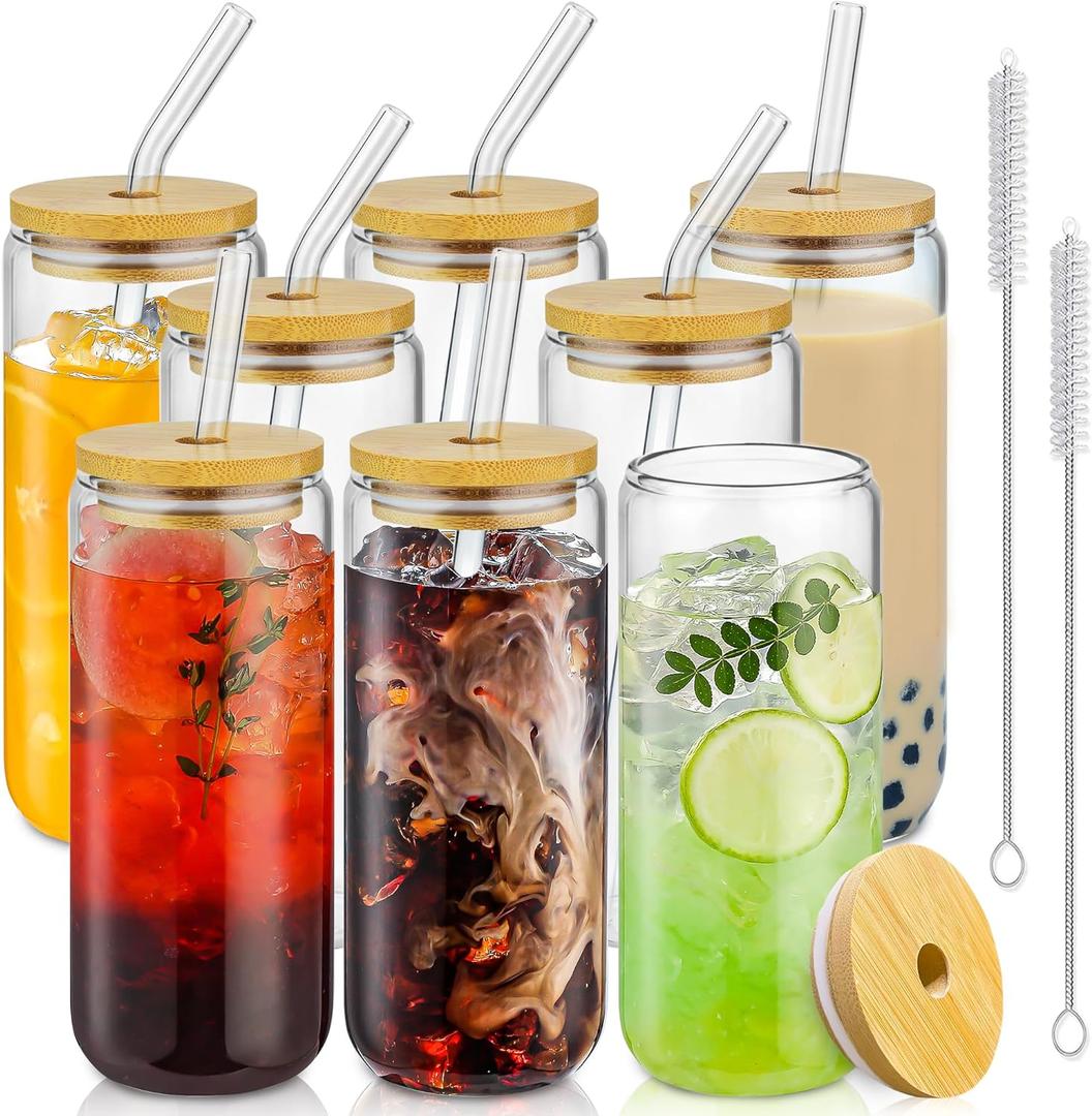 20 Oz Drinking Glasses with Bamboo Lids and Glass Straw - 8 Pcs Glass Cups Beer Ice Coffee Glasses Cute Aesthetic Cup Great for Coffee Bar Accessories Include 2 Cleaning Brushes