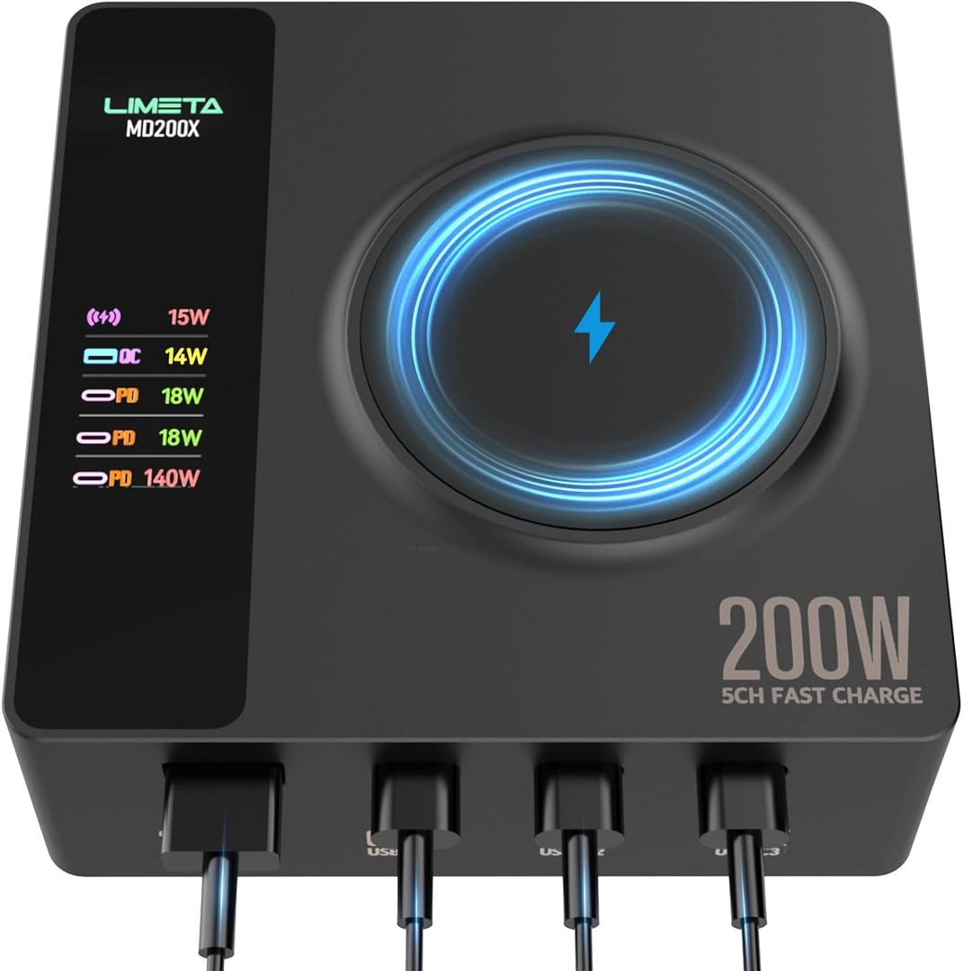 200W 5-Port USB C Independent Fast Charging Station(140W Max) PD 3.1 Wireless Magnetic Charger Adapter All in One Charger OTA Upgrade LCD Display iPhone, iPad and Multiple Devices