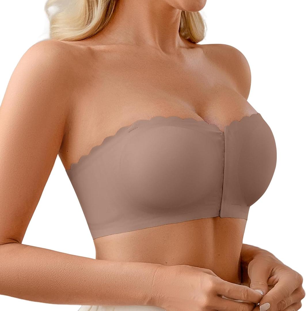 DEANGELMON Wireless Strapless Bras for Women Front Closure Non-Slip Padded Bandeau Bralette Comfort Wavy Edge Tube Top Bra (Small, Hazelnutcoffee)