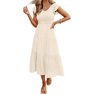 MEROKEETY Women's Flutter Sleeve Smocked Midi Dress V Neck Casual Tiered Dresses with Pockets, Beige, S