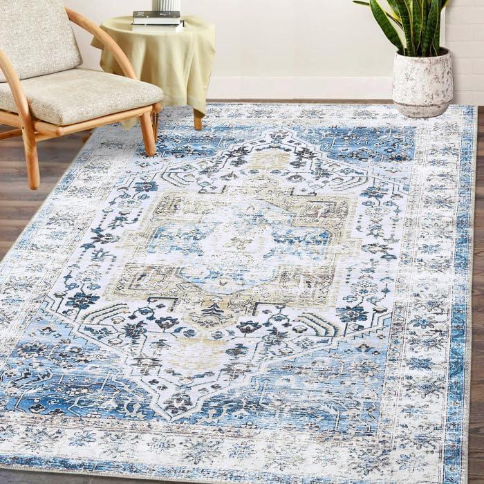 COZYLOOM Vintage Rug 8x10 Machine Washable Living Room Rug Low Pile Ultra Thin Rug Non Slip Accent Rug Indoor Floor Cover for Bedroom Dining Room, Blue Multi