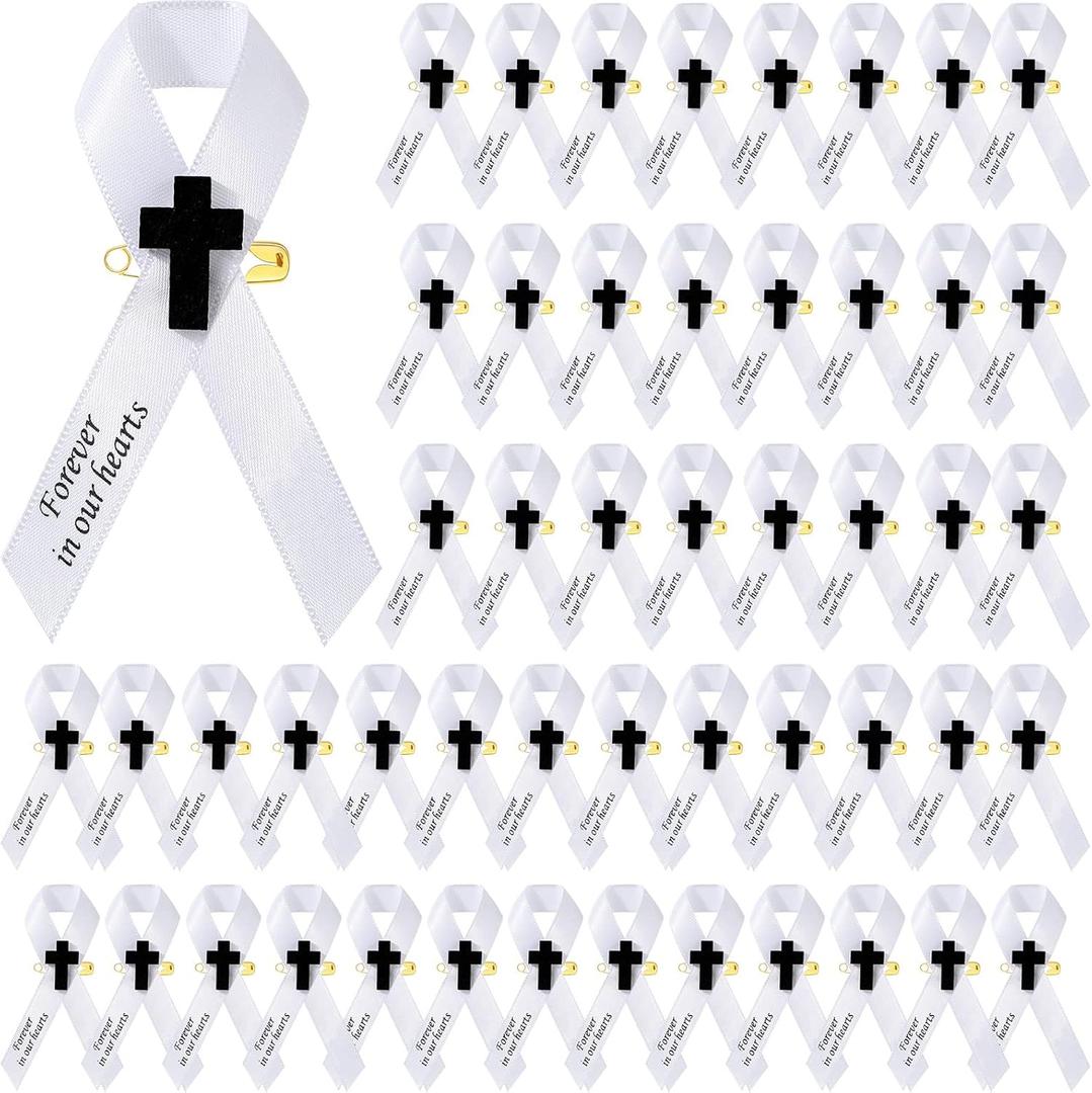 50 Pcs Memorial Funeral Ribbon with Cross Pins Respect Ribbon Bow Forever in Our Heart for Funeral Party Armband Mourning Event Remembrance Supplies(White)