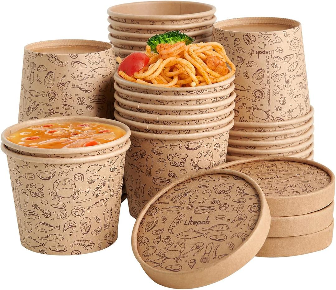 LITOPAK 50 Pack 12 oz Paper Containers with Vented Lids, Kraft Paper Food Cups, Soup Containers Cups with Lids, Disposable Bowls for Hot Soup for Storing Food or Carrying Out