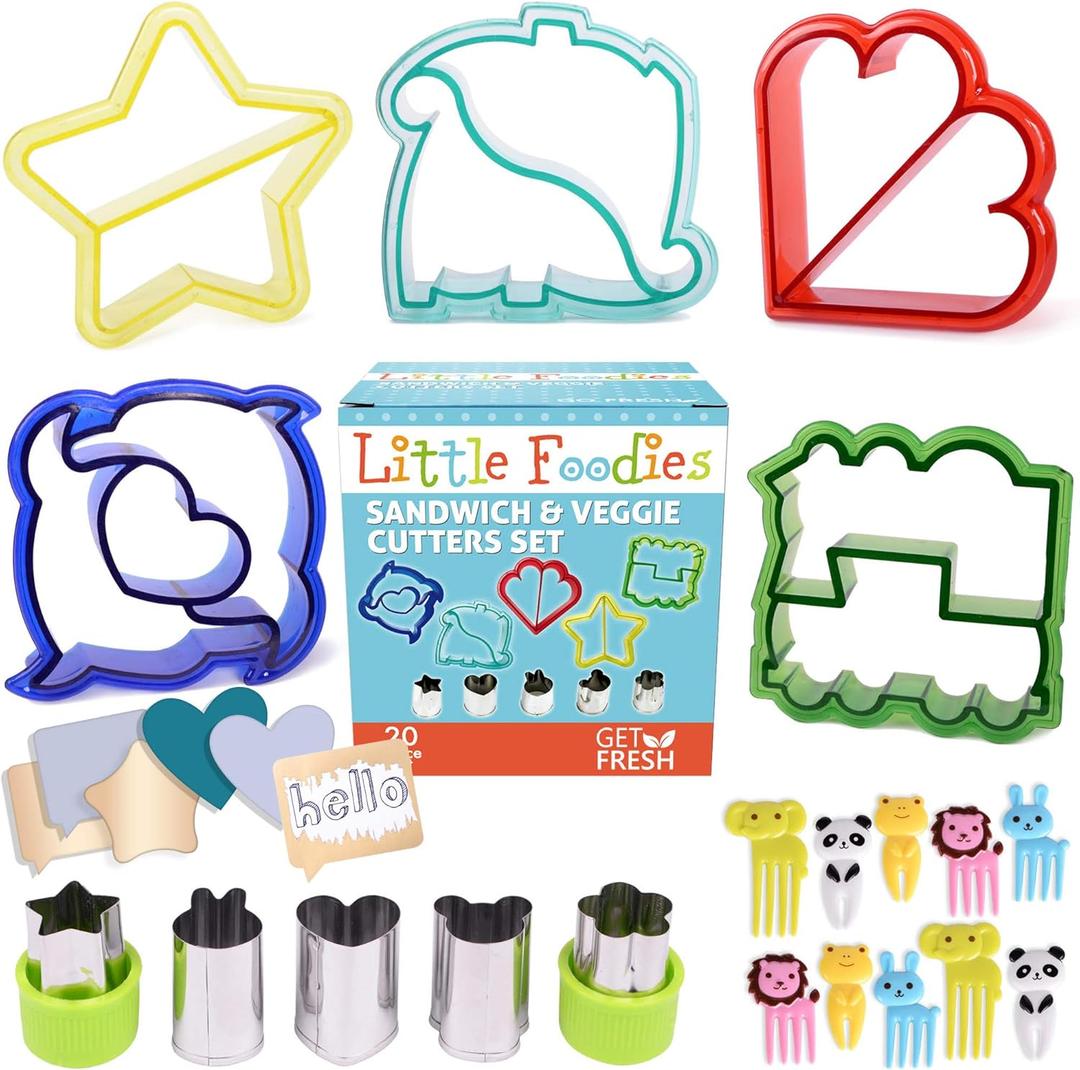 Sandwich Cutters for Kids, 20-Piece Set, 5 Kid Sandwich Cutters Shapes, 5 Vegetable Cutters Shapes, 10 Bento Deco