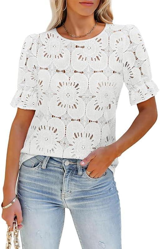 Women's Eyelet Tops Puff Short Sleeve Blouses Dressy Casual Cute Hollow Out Crochet Lace Embroidered Summer Shirts Size L