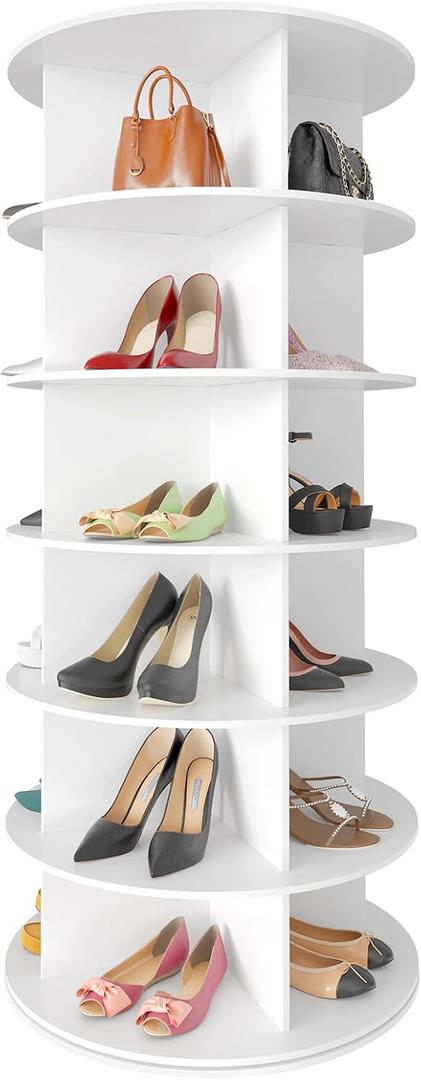 SpaceAid 6 Tier Rotating Shoe Rack Tower, Spinning Shoe Display Lazy Susan, Revolving 360 Shoe Rack Storage Round Carousel, Vertical Handbag Rotate Shoes Closet Organization (6-Tier White)