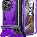 FNTCASE for iPhone 15 Pro Case: Military Grade Drop Proof Rugged Protective Cell Phone Cover with Kickstand & Built-in Protector | Matte Textured Shockproof TPU Hybrid Bumper Cases (Purple)