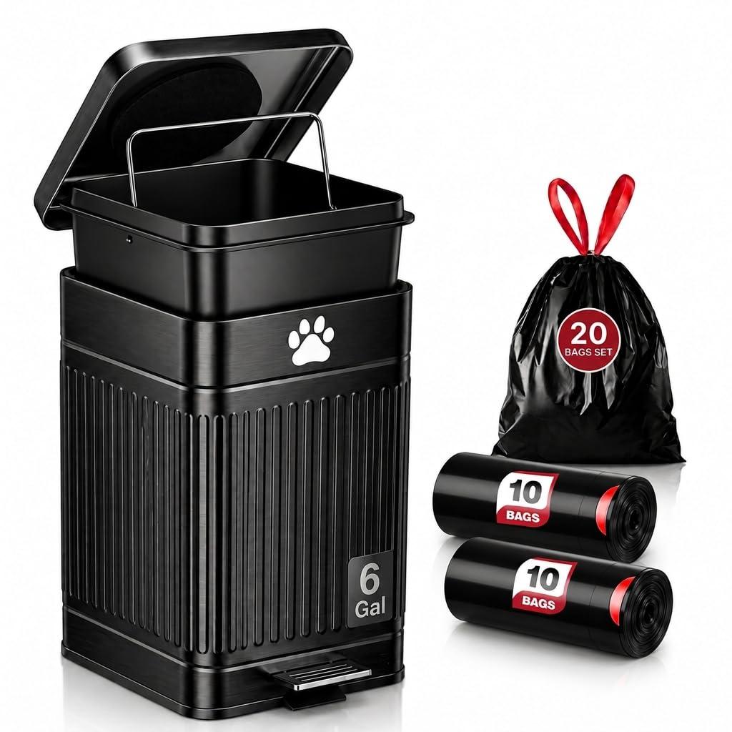 Dog Poop Trash Can Outside - 22L/6Gal Large Outdoor Trash Can with Lid