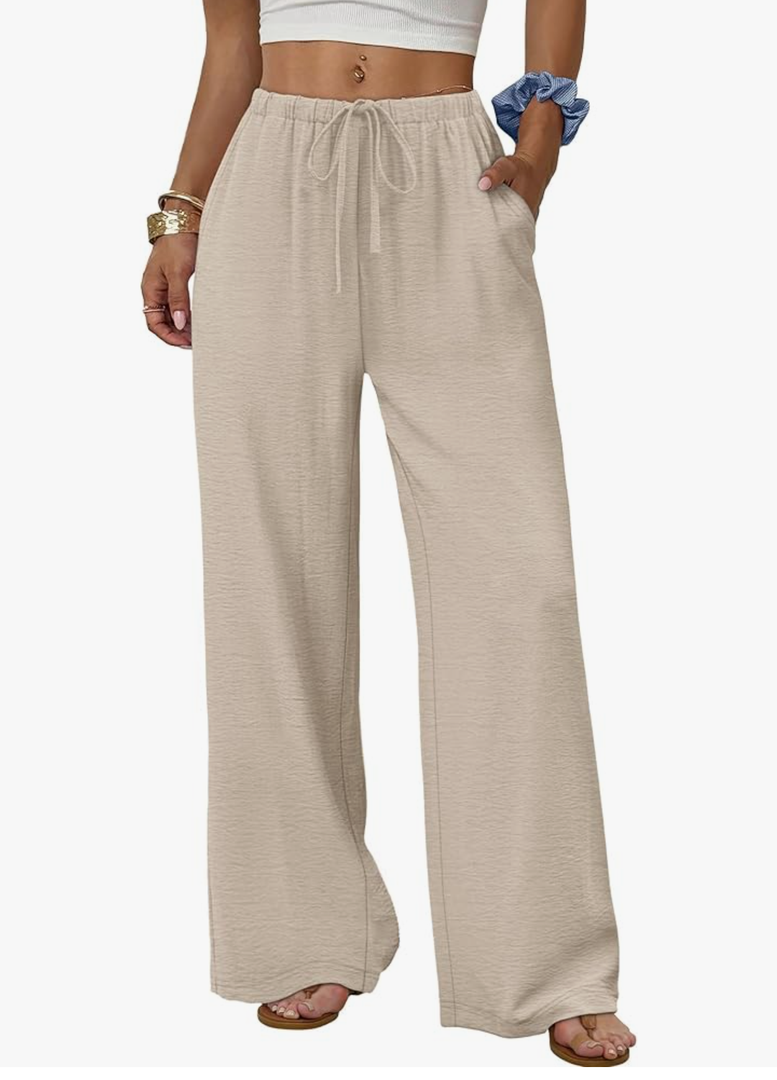 Sampeel Wide Leg Pants for Women Flowy Palazzo Drawstring Elastic Waist Trousers with Pockets Summer Beach Vacation Clothes L