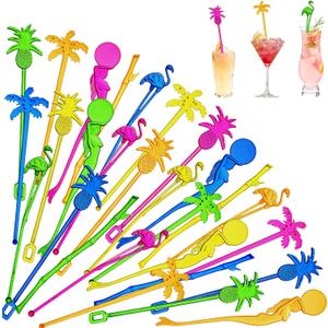 100 Assorted Tropical Swizzle Sticks Bar Cocktail Stirrers Luau Palm Tree Flamingo Fun Reusable Novelty Beverage Cocktail Margarita Tiki Drink Stirring Sticks for Birthday Wedding Party