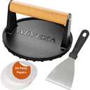 Alvexa™ Cast Iron Smash Burger Press Kit, 6.85" Heavy-Duty Burger Smasher with Wood Handle, 2 lb Grill Bacon & Meat Press, 304 Stainless Steel Spatula & 50 Patty Papers, Round Grooved