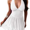 LCNBA Women's Halter V Neck Ruffled Hem Mesh Dress Ruched Flowy Mini Dress (Medium, White)