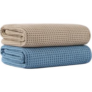 MICROFI New Microfiber Waffle Bath Towels, 2 Pieces, Soft, Absorbent, Fast Drying, Lint Free 430 GSM (Beige+Blue), 30 x 60 inches