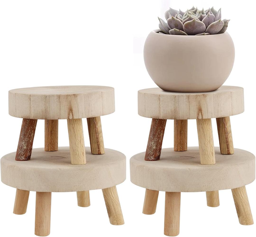 4 PCS Mini Wooden Stool Plant Stand, Small Plant Display Stool, Wood Plant Riser Stands, Round Wood Plant Holder for Indoor and Outdoor Home Decor, 2 Sizes