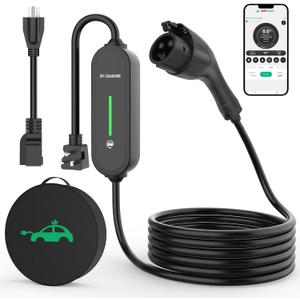 RUTU Level 1/2 EV Charger J1772, 6-16A Adjustable Portable EV Charger for Home with 16.5FT Cable,WiFi Enabled Electric Vehicle Charging Stations with 240V NEMA 6-20 Plug & 120V NEMA 5-15 Adapter