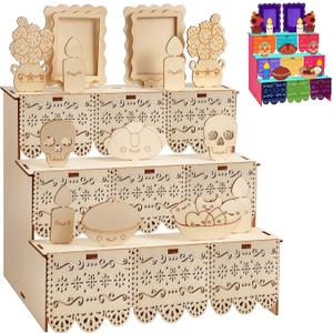 Dia De Los Muertos Decoration 14 inch Day of Dead Ofrenda Box Alter Ofrenda Wooden Box Set Photo Frame Remembrance Memory Shadow Gift Altar Supplies for Day of The Dead Home Decorations