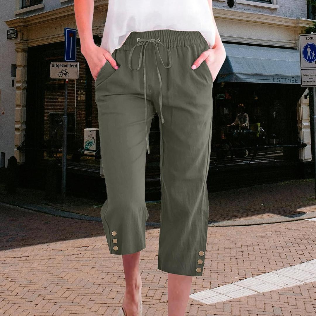 Womens Summer Capris Pants Causal Drawstring Elastic Waist Pants Lightweight Trousers Buttons Trim with Pockets