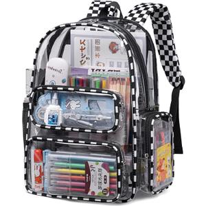 BTOOP Clear Backpack Heavy Duty Transparent Backpack 17" See Through Bookbag for College Work Festival Security with Padded Strap Large Capacity (Black White Check)