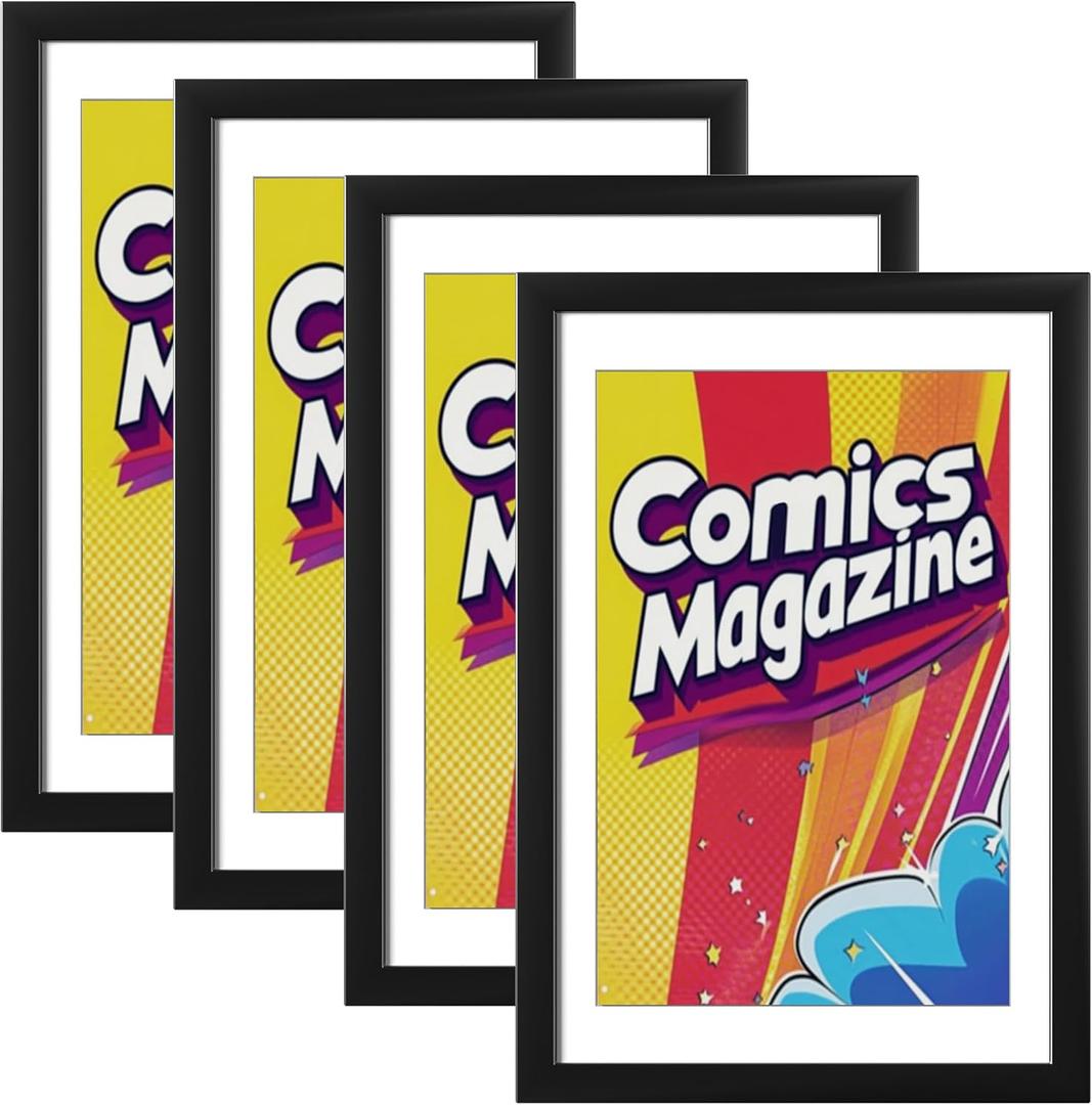 eletecpro Comic Book Frame, 4 Pack 8x12 Picture Magazine Frames with Black White Double-sided Mat, Fits Current Single Comic Book up to 6 3/4" x 10 1/4", Wall Mount or Tabletop Display, Black