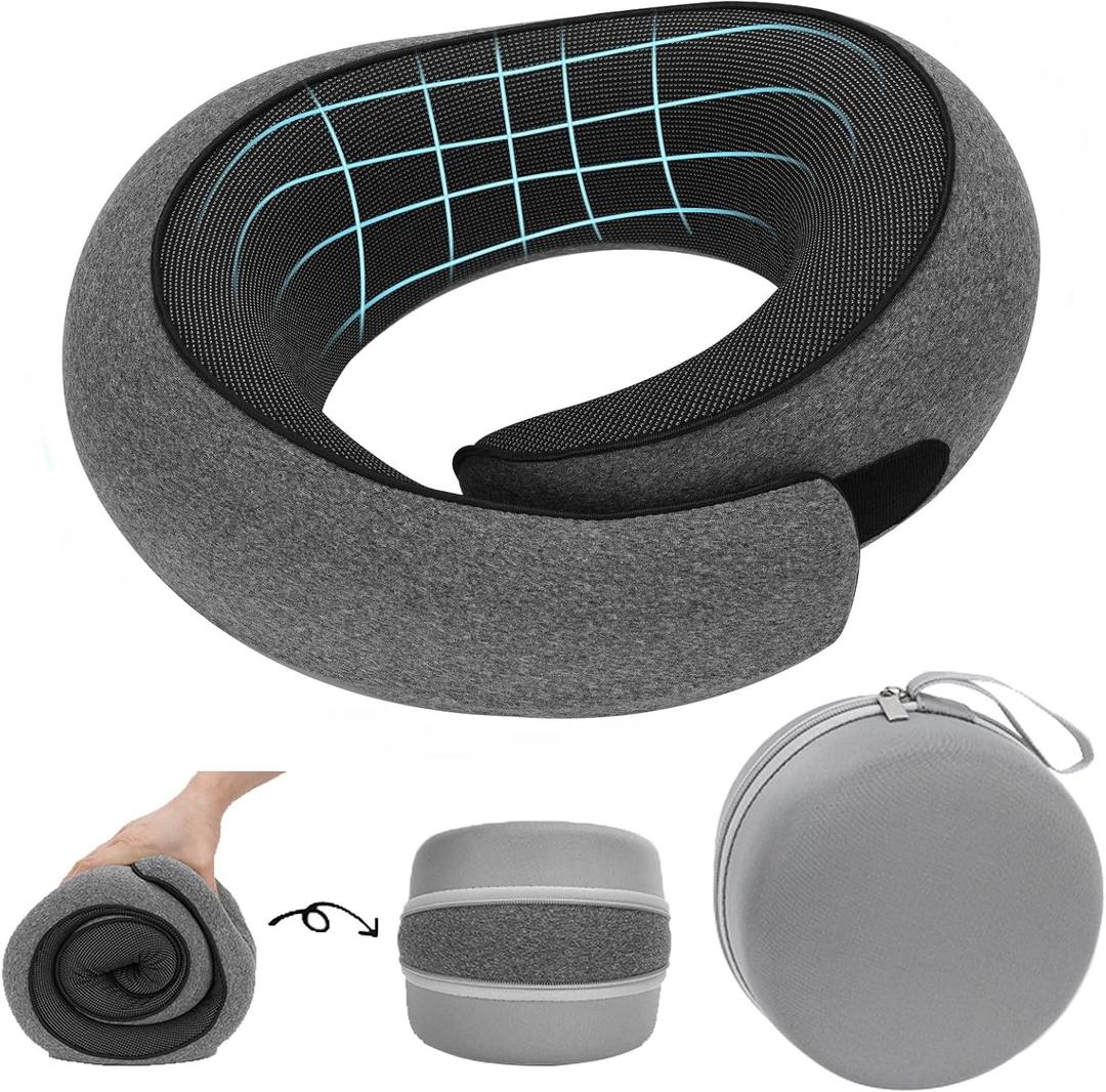 Travel Neck Pillow for Airplane - 100% Memory Foam 360 Ergonomic Support - Adjustable Velcro, Washable Velvet Cover & Compact Storage Case - Flight Essentials for Sleeping(Grey)