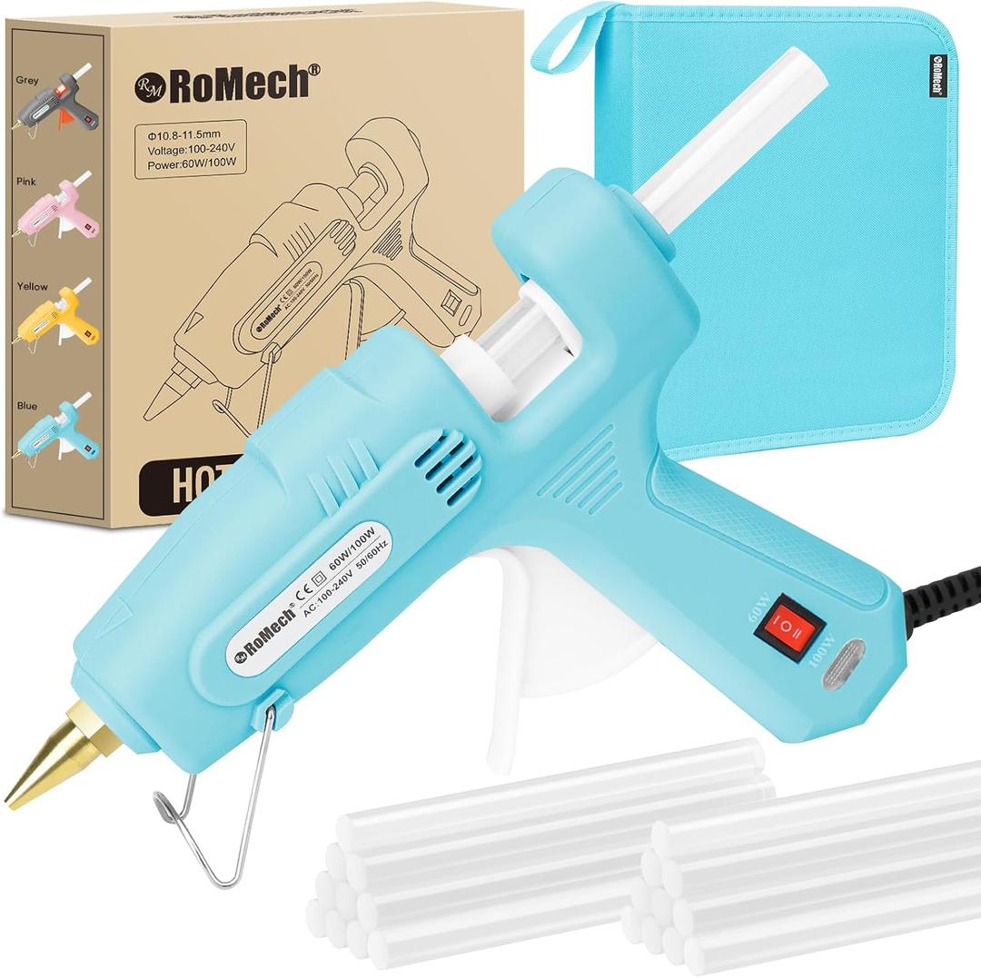 ROMECH Full Size Hot Glue Gun with 60/100W Dual Power and 21 Hot Glue Sticks (7/16"), Fast Preheating Heavy Duty Industrial Gluegun with Storage Case for Crafting, DIY and Repairs (Cyan)