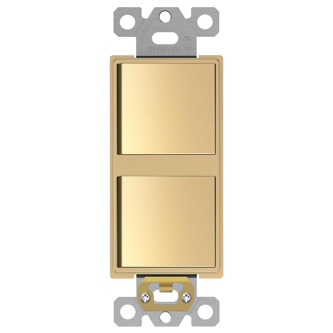 ENERLITES Double Paddle Rocker Decorator Switch, Ground Terminal, Clamp-Type Back Insert Wiring, Copper Wires Only, Single Pole, Residential/Commercial Grade, 15A 120-277VAC, 62834-GD, Gold