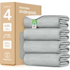 IMPROVIA® Washable Underpads, Heavy Absorbency Reusable Incontinence Pads
Kids, Adults, Elderly, and Pets, Waterproof Protection Floor - Gray & White, 34"x52" (Pack of 4)