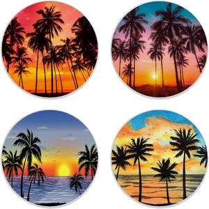 Coasters for Drinks, Set of 4 Absorbent Ceramic Coasters, Tropical Sunset Palm, Round, 4 Inches