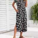 MISFAY Women's Summer Casual Maxi Dress 2026 Short Sleeves V Neck Loose Sundress Split Long Beach T Shirt Dress Vacation Outfits(Black Red Flower,M) (M)
