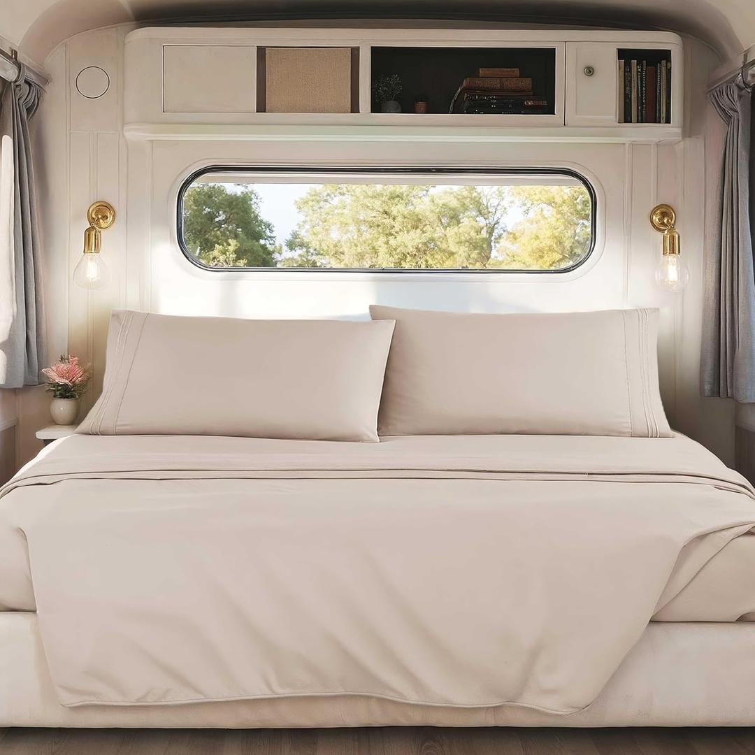 Nestl Beige Cream Short Queen Sheets for RV, Hotel Luxury RV Queen Sheets Set, 4 Piece Fitted Bed Sheet Set and Pillowcases, Super Soft, Wrinkle-Free, and Breathable Camper Bedding