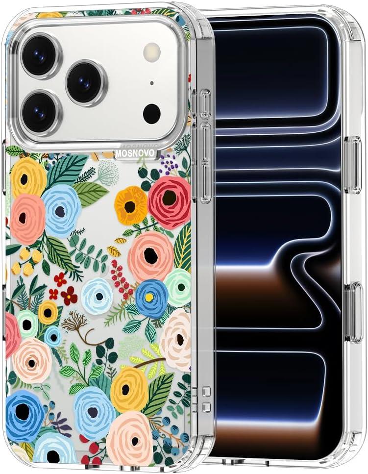 MOSNOVO for iPhone 17 Pro Case | Military Grade 6.6ft Drop Tested | Camera Control | Clear with Pastel Floral Garden Design