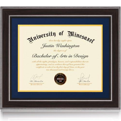 Minesaxel 14x17 Diploma Frames 11x14 with Blue Mat, Fits Degree Certificate Document, 17 x 14 Walnut Color Frame with Tempered Glass Panel for Wall Mounting
