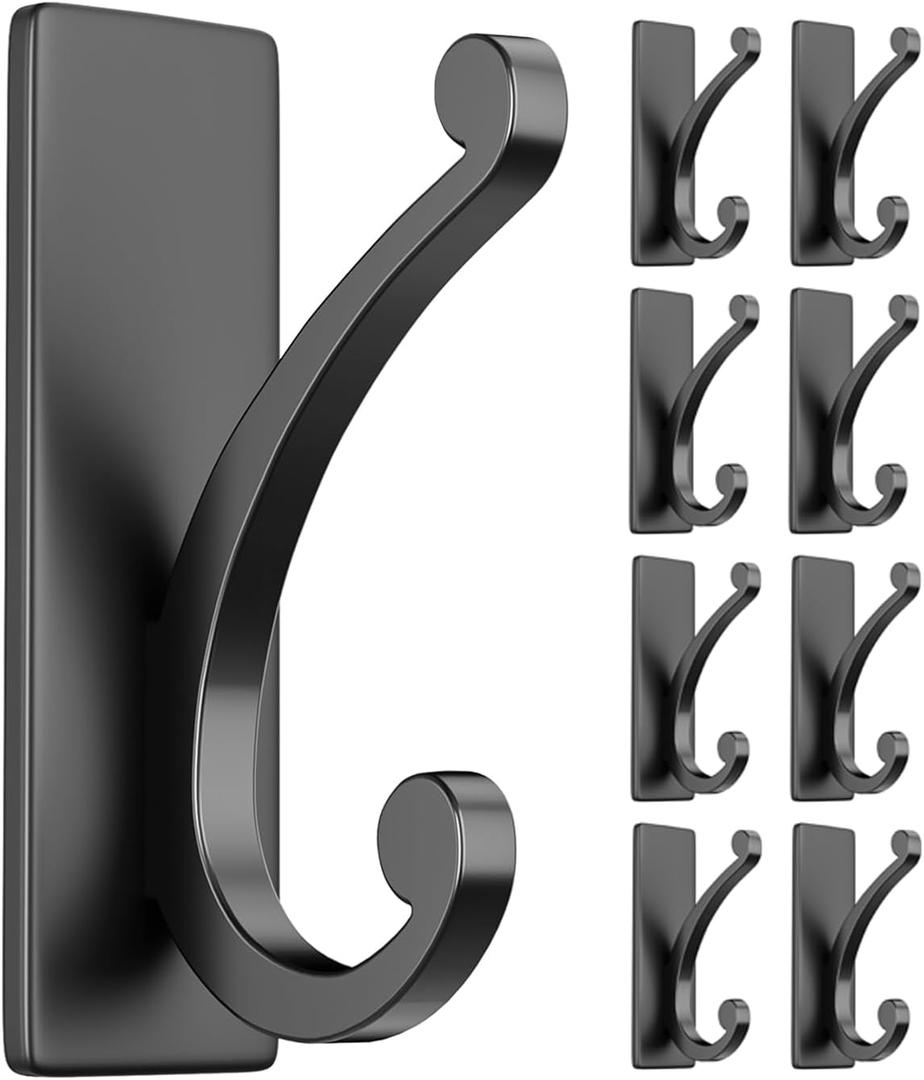 8-Pack Adhesive Coat Hooks for Door: 10LB Designer Wall Hook for Hanging Towel, Bathroom, Heavy Duty Stainless Stick on Hanger, Black