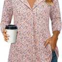 Bulotus Women's 3/4 Length Sleeve Tops Lapel Collar Business Casual Blouses Dressy Tunic Tops (X-Large, Pink Flower)