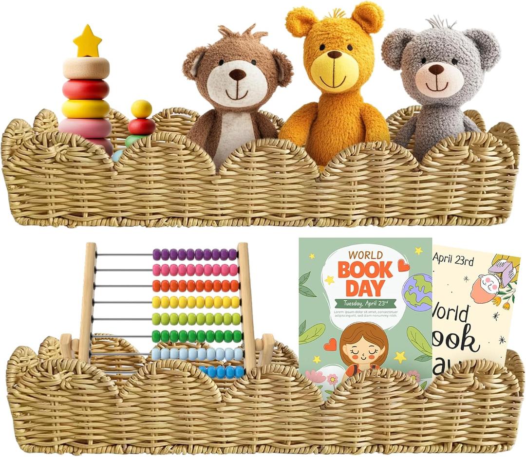 Rattan Nursery Book Shelf, Woven Scalloped wall Shelves, Wicker Hanging Storage Basket, Baby Room Bookshelf, Wall Mounted Natural Baskets Boho Home Decor, Set of 2