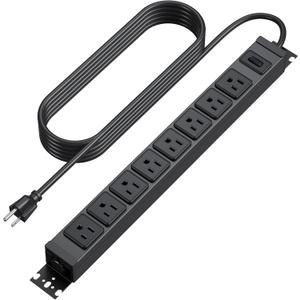 HHSOET Metal 360 Rotating Mountable Power Strip, 8 Outlet Gaming Table Mounted Long Power Strip, Heavy Duty Wall Mount Surge Protector with Switch,1200J,15A 125V 1875W, 3ft Power Cord.(Black)