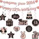 Pre-Strung 12th Birthday Banner Decorations for Girls, Glitter Rose Gold Happy 12th Birthday Hanging Swirls Party Supplies Decor