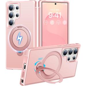 HuwaiH 360 Rotatable Magnetic Ring Stand for Samsung Galaxy S25 Ultra Case, Compatible with MagSafe, Military-Grade Shockproof, Anti-Scratch Matte Translucent for S25 Ultra Phone Case(Pink)