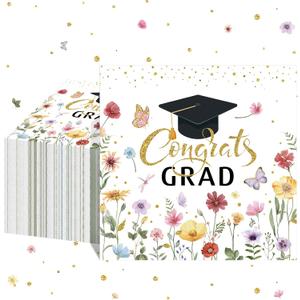 Sabary 100 Pcs Wildflower Graduation Napkins Floral Congrats Grad Party Paper Napkins Class of 2026 Disposable Cocktail Dinner Hand Towels for Freshly Graduated Party Decorations(Colorful)