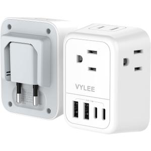 VYLEE Travel Adapter with 4 AC Outlets and 4 USB Ports - European Foldable International Power Adapter, Type C Plug Adapter Travel Essentials to Most Europe EU Spain Italy France Germany [1 Pack]