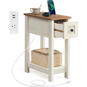 VASAGLE Farmhouse End Table with Storage Drawer, Narrow Side Table with Charging Station, Nightstand, Easy Assembly, for Living Room, Bedroom, Honey Brown and Rustic White ULET328W01