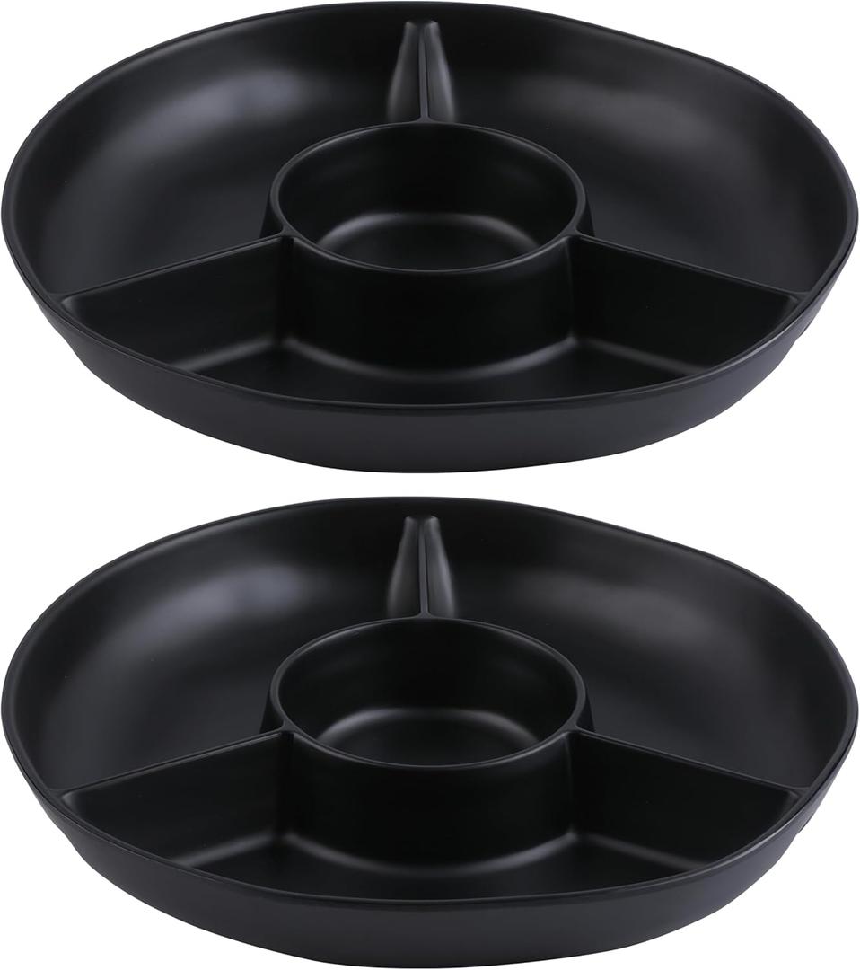 Chip & Dip Serving Tray Set, 4 Sectional Round Melamine Serving Platter, Relish Tray, Round Compartment Appetizer platter for Veggies, Candy and Snacks, Matte Black, Set of 2