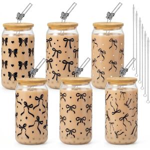 6 Pcs Black Bow Glass Cups with Lids and Straws Black Bow Drinking Glasses Cups 16oz Cute Coquette Iced Coffee Cup for Women Girls Friend Bridesmaid Gifts Coffee Tumbler Bachelorette Party Favors