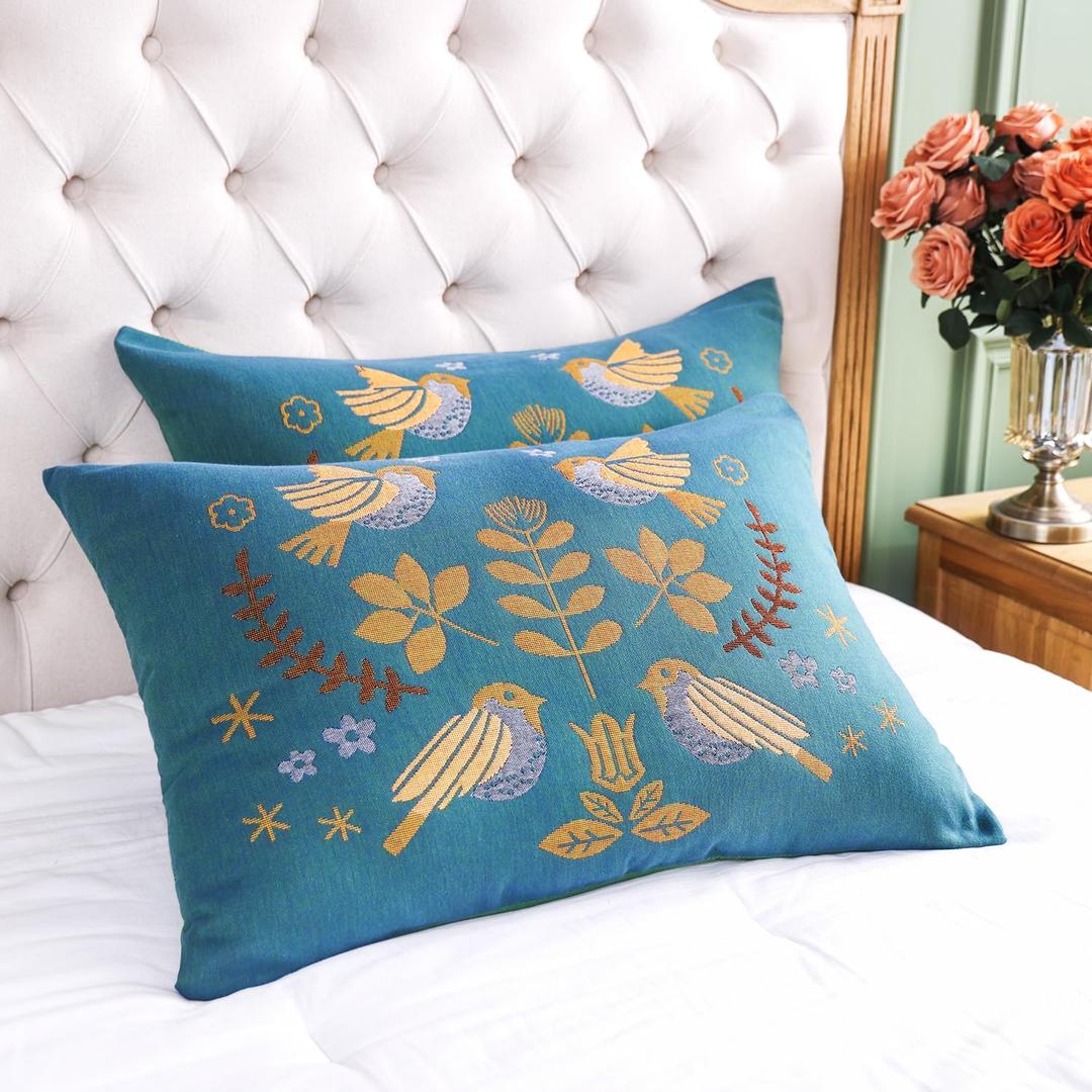 100% Organic Washed Cotton Boho Pillowcases for Skin-Friendly Set of 2-1000 Thread Thick Count, Bird Pattern Pillow Shams Cover, Soft Breathable Queen Pillow Cases,20x30 Inches-Teal